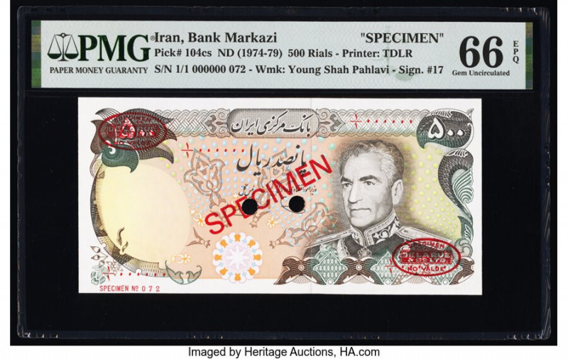 Iran Bank Markazi 500 Rials ND (1974-79) Pick 104cs Specimen PMG Gem Uncirculate...