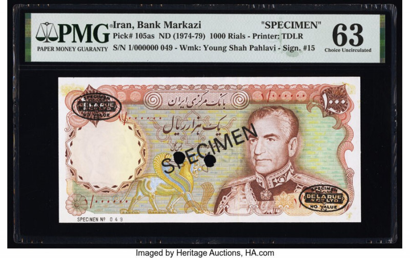 Iran Bank Markazi 1000 Rials ND (1974-79) Pick 105as Specimen PMG Choice Uncircu...