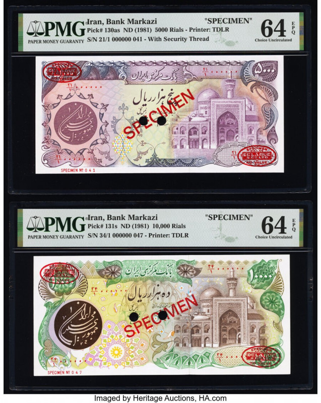 Iran Bank Markazi 5000; 10,000 Rials ND (1981) Pick 130as; 131s Two Specimen PMG...