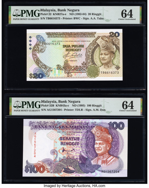 Malaysia Bank Negara 20; 100 Ringgit ND (1982-84); (1995) Pick 22; 32B Two Examp...