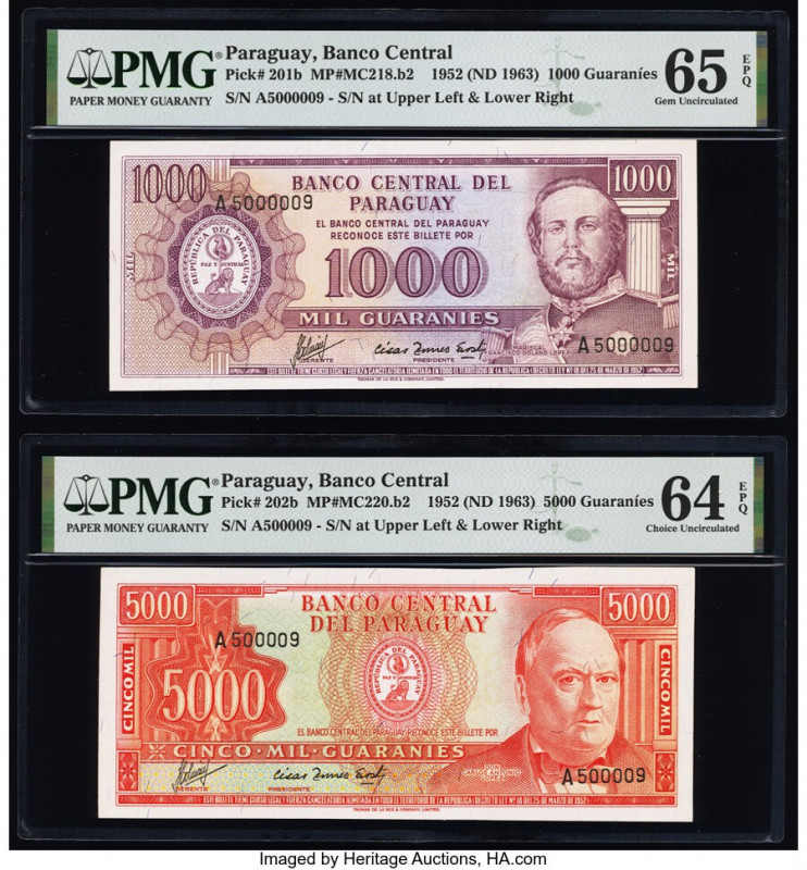 Matching Serial Number Set Paraguay Banco Central 1000; 5000 Guaranies 1952 (ND ...