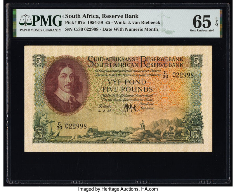 South Africa South African Reserve Bank 5 Pounds 8.2.1954 Pick 97c PMG Gem Uncir...