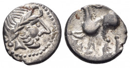 EASTERN CELTS. Late 2nd-early 1st century BC. Drachm (Silver, 15 mm, 2.16 g, 2 h), 'Kugelwange' Type. Stylized laureate head of Zeus to right. Rev. Ho...