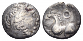 EASTERN CELTS. Late 2nd-early 1st century BC. Drachm (Silver, 13 mm, 2.18 g, 12 h), 'Kugelwange' Type. Stylized laureate head of Zeus to right. Rev. H...
