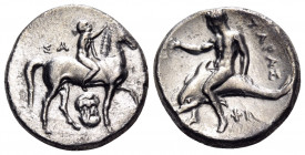 CALABRIA. Tarentum. Circa 320-315 BC. Nomos (Silver, 21 mm, 7.59 g, 2 h), struck under the magistrates Sa... and Phi... ΣΑ Nude youth on horseback rig...