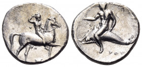 CALABRIA. Tarentum. Circa 302 BC. Nomos (Silver, 22 mm, 7.68 g, 11 h), struck under the magistrates Sa... and Kon... Youth on horseback to right, crow...