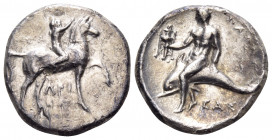 CALABRIA. Tarentum. Circa 280 BC. Nomos (Silver, 22 mm, 7.64 g, 11 h), struck under the magistrates Sa.., Arethon and Sas... Nude youth riding horse w...