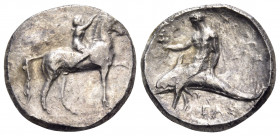 CALABRIA. Tarentum. Circa 280 BC. Nomos (Silver, 21.5 mm, 7.65 g, 1 h), struck under the magistrates Sa.., Arethon and Sas... Nude youth riding horse ...