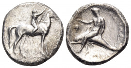 CALABRIA. Tarentum. Circa 280 BC. Nomos (Silver, 22 mm, 7.65 g, 11 h), struck under the magistrates Sa..., Philiarchos, and Aga... Youth on horseback ...