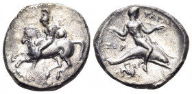 CALABRIA. Tarentum. Circa 280 BC. Nomos (Silver, 22 mm, 7.61 g, 7 h), struck under the magistrates Eu..., Nikottas, and Zor... Warrior seated side-sad...