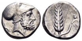 LUCANIA. Metapontion. Circa 340-330 BC. Nomos (Silver, 18.5 mm, 7.73 g, 5 h), struck under the magistrate Ami... [ΛEYKIΠΠOΣ] Helmeted head of Leukippo...
