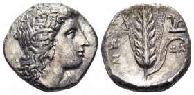 LUCANIA. Metapontion. Circa 330-290 BC. Nomos (Silver, 20 mm, 7.65 g, 2 h), struck under the magistrates Dai... and Mach... Head of Demeter to right, ...