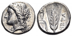 LUCANIA. Metapontion. Circa 330-290 BC. Nomos (Silver, 20 mm, 7.81 g, 3 h), struck under the magistrate Atha... Head of Demeter to left, wearing grain...