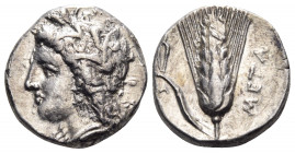 LUCANIA. Metapontion. Circa 330-290 BC. Nomos (Silver, 20 mm, 7.89 g, 5 h), struck under the magistrate Atha... Head of Demeter to left, wearing grain...