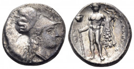 LUCANIA. Herakleia. Circe 330/25-281 BC. Nomos (Silver, 20 mm, 7.49 g, 5 h), signed by the engraver Atha.... ˫ΗΡΑΚΛΗΙΩΝ Head of Athena to right, weari...