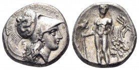 LUCANIA. Herakleia. Circa 281-278 BC. Nomos (Silver, 20 mm, 7.73 g, 3 h). ˫ΗΡΑΚΛΗΙΩΝ Head of Athena to right, wearing a crested Corinthian helmet ador...