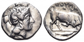 LUCANIA. Thourioi. Circa 400-350 BC. Nomos (Silver, 21 mm, 7.79 g, 3 h), struck under the magistrate Nys... Head of Athena to right, wearing helmet ad...