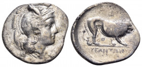 LUCANIA. Velia. Circa 340-334 BC. Didrachm or nomos (Silver, 24 mm, 7.36 g, 7 h), from the "Θ" group. Head of Athena to left, wearing crested Attic he...