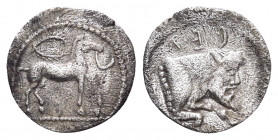 SICILY. Gela. Circa 465-450 BC. Litra (Silver, 11.5 mm, 0.51 g, 12 h). Horse walking right; above, wreath. Rev. CΕΛ ( retrograde ) Forepart of Acheloo...