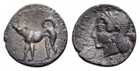 SICILY. Segesta. Circa 465-450 BC. Litra (Silver, 10.5 mm, 0.80 g, 6 h). Hound standing to left, baying. Rev. ΣΕΓΕΣΤΑΙΙΒΕΜΙ(?) Diademed head of the ny...