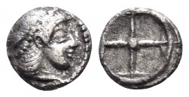 SICILY. Syracuse. Deinomenid Tyranny, 485-466 BC. Litra (Silver, 8 mm, 0.53 g). Diademed head of Arethusa to right. Rev. Wheel with four spokes. Boehr...