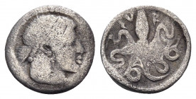 SICILY. Syracuse. Deinomenid Tyranny, 485-466 BC. Litra (Silver, 11 mm, 0.65 g, 1 h), circa 470-466. Pearl-diademed head of Arethusa to right, her hai...