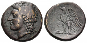 SICILY. Syracuse. Hiketas, 287-278 BC. Litra (Bronze, 24 mm, 12.73 g, 1 h). ΔIOΣ EΛΛANIOY Laureate head of Zeus Hellanios to left. Rev. ΣYPAKOΣIΩN Eag...