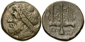 SICILY. Syracuse. Hieron II, 275-215 BC. (Bronze, 18 mm, 5.72 g, 10 h), c. 263-218. Diademed head of Poseidon to left. Rev. IEPΩ-ΝΟΣ Ornamented triden...