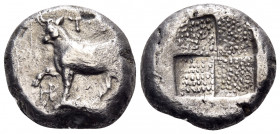 THRACE. Byzantion. Circa 387/6-340 BC. Tetradrachm (Silver, 22 mm, 14.79 g). ΠΥ Bull standing left, right foreleg raised; to left, monogram of HP. Rev...