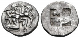 ISLANDS OFF THRACE, Thasos. Circa 500-463 BC. Drachm (Silver, 15 mm, 2.56 g), c. 500-480 BC. Archaic-style Ithyphallic satyr advancing to right, carry...