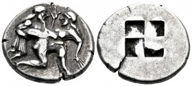 ISLANDS OFF THRACE, Thasos. Circa 480-463 BC. Stater (Silver, 22 mm, 9.01 g). Nude, ithyphallic satyr rushing to right in the archaic kneeling-running...