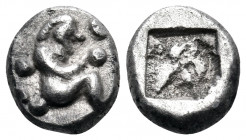 THRACO-MACEDONIAN REGION. Siris. Circa 525-480 BC. Trihemiobol or 1/8 Stater (Silver, 9 mm, 1.23 g). Nude satyr seated right with his knees up before ...