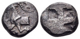 MACEDON. Aige in Pallene. Circa 500-480 BC. Drachm (Silver, 13 mm, 3.03 g). Forepart of goat crouching to left. Rev. Quadripartite incuse square. Appa...