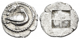 MACEDON. Eion. Circa 460-400 BC. Trihemiobol (Silver, 12 mm, 0.83 g). Goose standing to right, head turned back to left; above, lizard to left. Rev. Q...