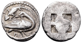 MACEDON. Eion. Circa 460-400 BC. Trihemiobol (Silver, 12 mm, 0.85 g). Goose standing to right, head turned back to left; above, lizard to left; below,...