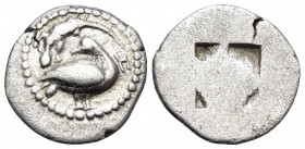 MACEDON. Eion. Circa 460-400 BC. Trihemiobol (Silver, 13 mm, 0.99 g). Goose standing to right, head turned back to left; above, lizard to left; to rig...