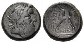 MACEDON. Thessalonica. After 148 BC. (Bronze, 18.5 mm, 8.58 g, 12 h). Laureate head of Zeus right. Rev. ΘE-Σ/ΣA-ΛO/NI-KHΣ Two goats contending. BMC 8....