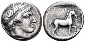 KINGS OF MACEDON. Archelaos, 413-400/399 BC. Stater (Silver, 22 mm, 10.62 g, 12 h). Head of Apollo to right, wearing tainia. Rev. APXE-ΛA Horse walkin...