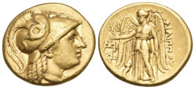 KINGS OF MACEDON. Philip III Arrhidaios, 323-317 BC. Stater (Gold, 18 mm, 8.52 g, 6 h), Abydos, circa 318-317. Head of Athena to right, wearing pendan...