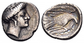 EUBOIA. Chalkis. Circa 338-308 BC. Drachm (Silver, 17 mm, 3.42 g, 11 h). Head of the nymph Chalkis to right. Rev. XAΛ Eagle flying upwards with spread...