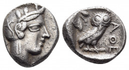 ATTICA. Athens. 449-404 BC. Drachm (Silver, 16 mm, 4.20 g, 8 h). Head of Athena to right, wearing crested Attic helmet adorned with olive leaves and a...