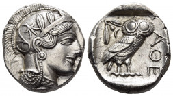 ATTICA. Athens. Circa 430s-420s BC. Tetradrachm (Silver, 25 mm, 17.26 g, 1 h). Head of Athena to right, wearing crested Attic helmet adorned with thre...