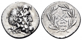 ACHAIA, Achaian League. Megalopolis. Circa 160-146 BC. Tetrobol (Silver, 17 mm, 2.43 g, 2 h). Laureate head of Zeus to right. Rev. Achaian League mono...