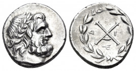 ACHAIA, Achaian League. Patrai. Circa 175-168 BC. Hemidrachm (Silver, 15 mm, 2.43 g, 12 h). Laureate head of Zeus to right. Rev. Achaian League monogr...