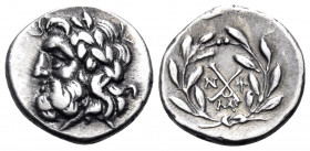 ACHAIA, Achaian League. Messene. Circa 175-168 BC. Hemidrachm (Silver, 15 mm, 2.43 g, 6 h). Laureate head of Zeus to left. Rev. Achaian League monogra...