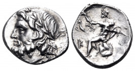 ARKADIA, Arkadian League. Megalopolis. Circa 195-188 BC. Triobol (Silver, 15 mm, 2.47 g, 9 h). Laureate head of Zeus to left. Rev. Pan seated left on ...