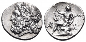 ARKADIA, Arkadian League. Megalopolis. Circa 175-168 BC. Triobol (Silver, 16 mm, 2.40 g, 1 h). Laureate head of Zeus to left. Rev. Pan seated left on ...