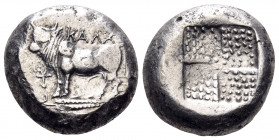 BITHYNIA. Kalchedon. Circa 387/6-340 BC. Tetradrachm (Silver, 21 mm, 15.06 g), Rhodian standard. KAΛX Bull standing left above grain ear; to left, mon...