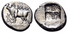 BITHYNIA. Kalchedon. Circa 367/6-340 BC. Drachm (Silver, 16.5 mm, 3.82 g), Rhodian standard. KAΛX Bull standing left on grain ear; to left, kerykeion ...