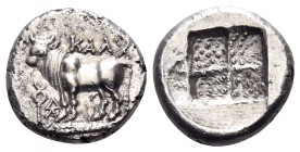 BITHYNIA. Kalchedon. Circa 367/6-340 BC. Drachm (Silver, 15 mm, 3.60 g), Rhodian standard. KAΛX Bull standing left on grain ear; to left, kerykeion an...